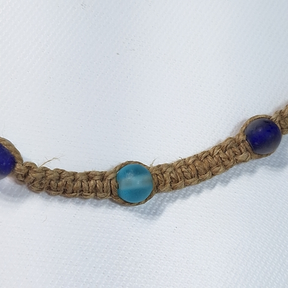Woven Hemp Recycled Blue Glass Bead Unisex Necklace - Picture 5 of 8